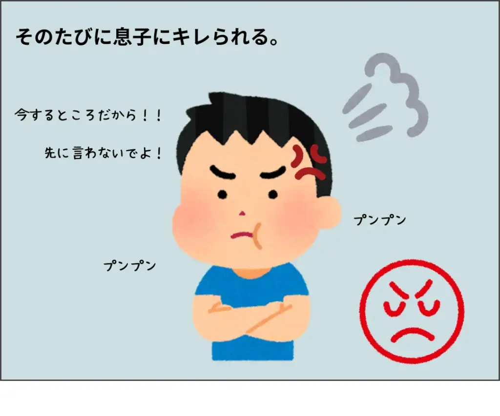 そのたびに息子にキレられる。
息子: 今するところだから!!先に言わないでよ!(プンプン)
