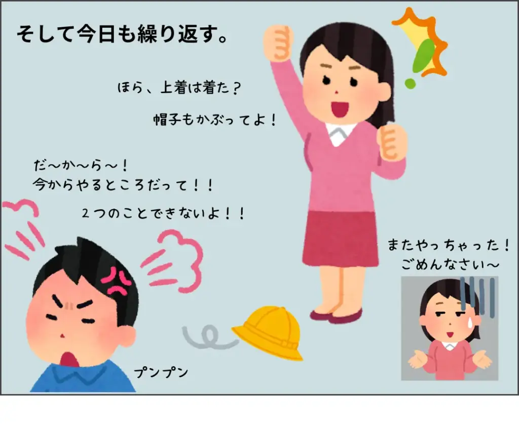 そして今日も繰り返す。
ママ: ほら、上着着た?帽子もかぶってよ!
息子: だ~か~ら~!今やるところだって!!2つの事できないよ!!(プンプン)
ママ: またやっちゃった!ごめんなさい~。